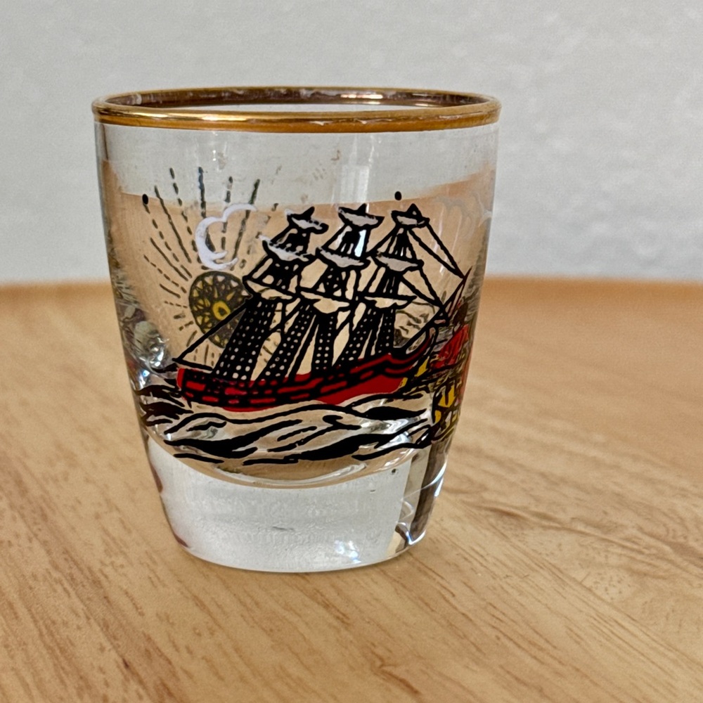Vintage Ship Design Shot Glass with Gold Rim